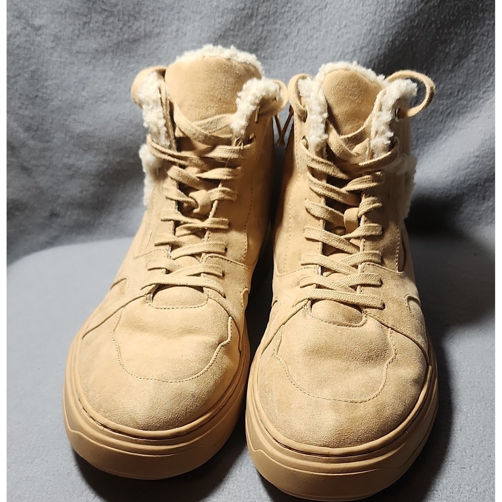 JLO Jennifer Lopez Beige Suede Fur Trim Lace Up Ankle Bootie Gold Hardware